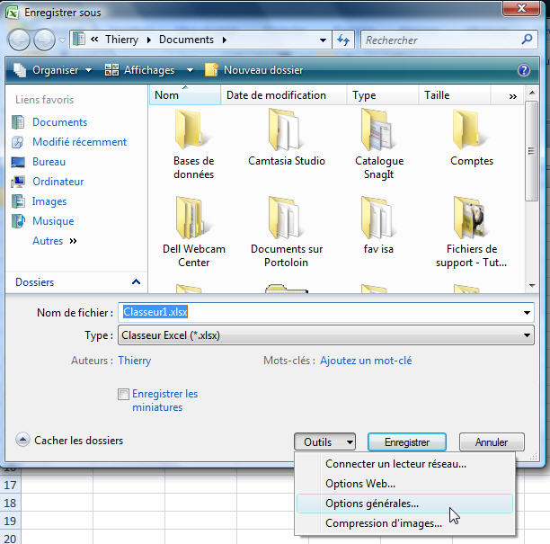 Interface d'enregistrement Excel avec options générales