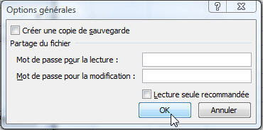 Boîte de dialogue de confirmation du mot de passe Excel