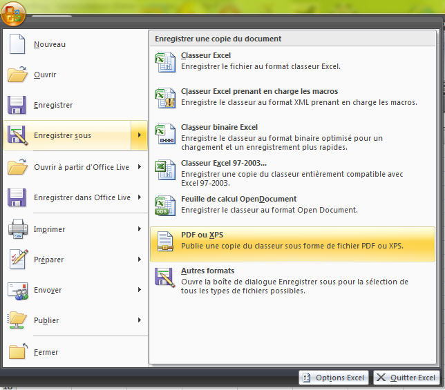 Interface Excel pour enregistrer sous PDF